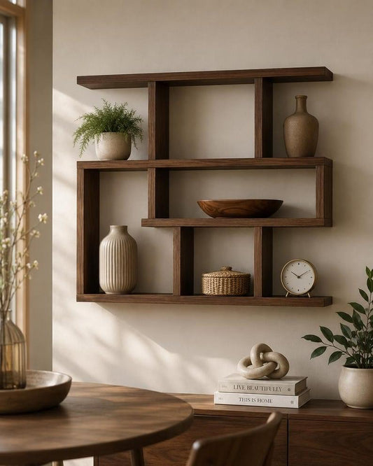The Meridian Wooden Wall Display Shelf Handcrafted Geometric Wall Decor